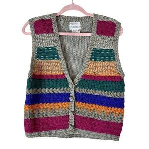 Jack Winter Vest Womens Medium Gray‎ Multicolored Striped Silk Blend Retro V 90s